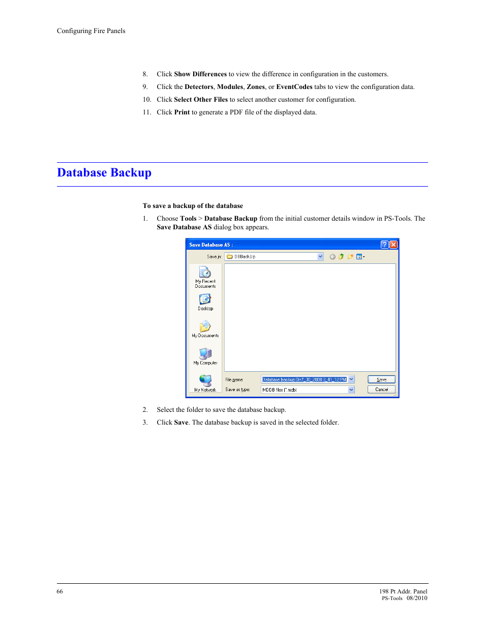 Database backup, 11 database backup | Fire-Lite PS-Tools MS-9200UDLS User Manual | Page 74 / 112