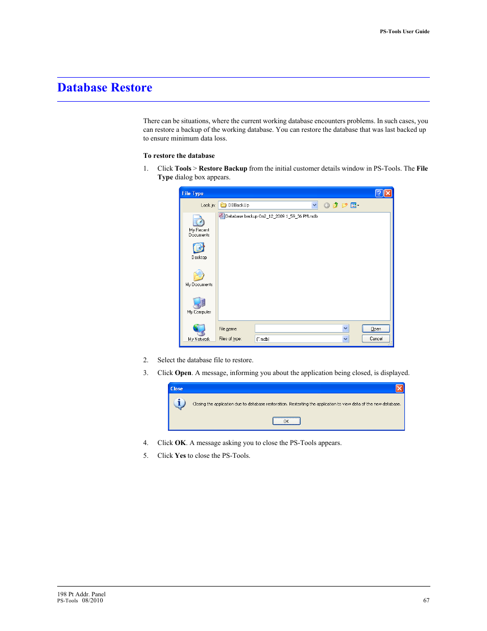 Database restore, 12 database restore | Fire-Lite PS-Tools MS-9200UDLS User Manual | Page 75 / 112