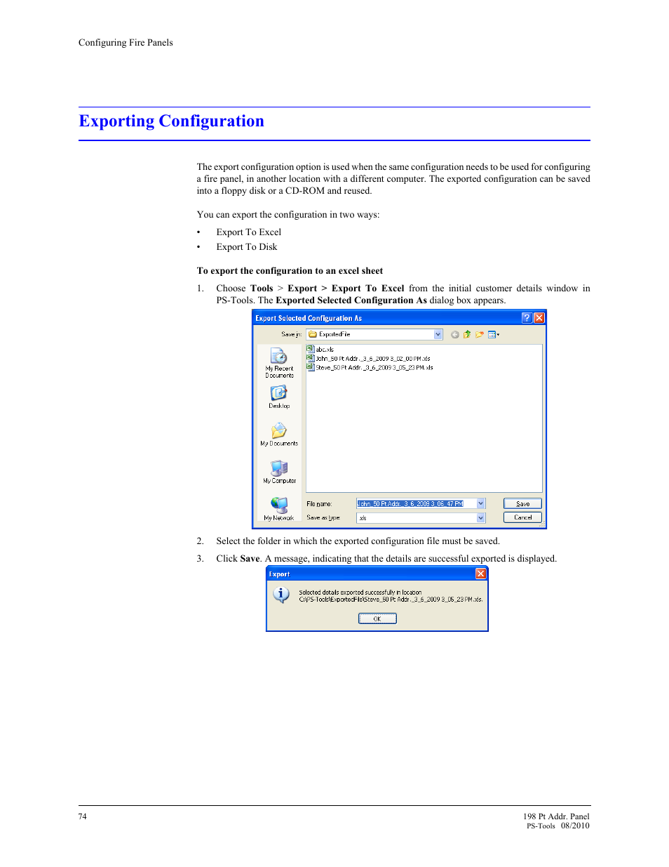 Exporting configuration, 20 exporting configuration | Fire-Lite PS-Tools MS-9200UDLS User Manual | Page 82 / 112