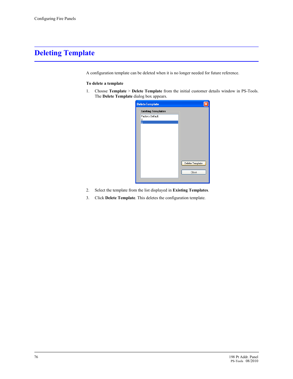 Deleting template, 21 deleting template | Fire-Lite PS-Tools MS-9200UDLS User Manual | Page 84 / 112