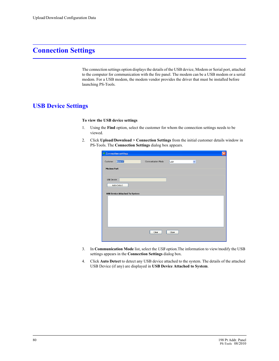 Connection settings, Usb device settings | Fire-Lite PS-Tools MS-9200UDLS User Manual | Page 86 / 112