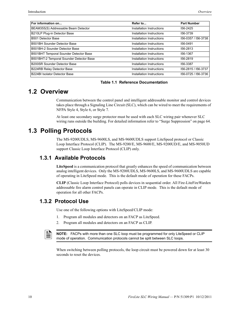 2 overview, 3 polling protocols, 1 available protocols | 2 protocol use, Overview 1.3: polling protocols, Available protocols 1.3.2: protocol use | Fire-Lite SLC Intelligent Control Panel Wiring Manual User Manual | Page 10 / 80