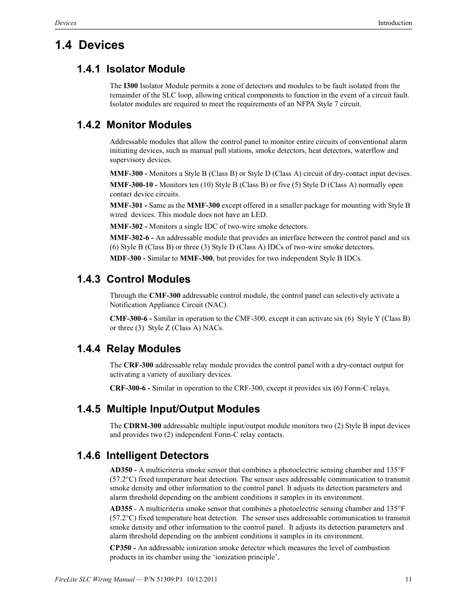 4 devices, 1 isolator module, 2 monitor modules | 3 control modules, 4 relay modules, 5 multiple input/output modules, 6 intelligent detectors, Devices | Fire-Lite SLC Intelligent Control Panel Wiring Manual User Manual | Page 11 / 80