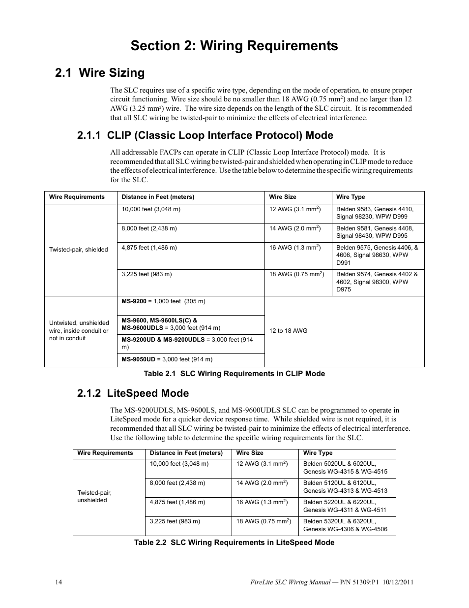 Section 2: wiring requirements, 1 wire sizing, 1 clip (classic loop interface protocol) mode | 2 litespeed mode, Wire sizing | Fire-Lite SLC Intelligent Control Panel Wiring Manual User Manual | Page 14 / 80