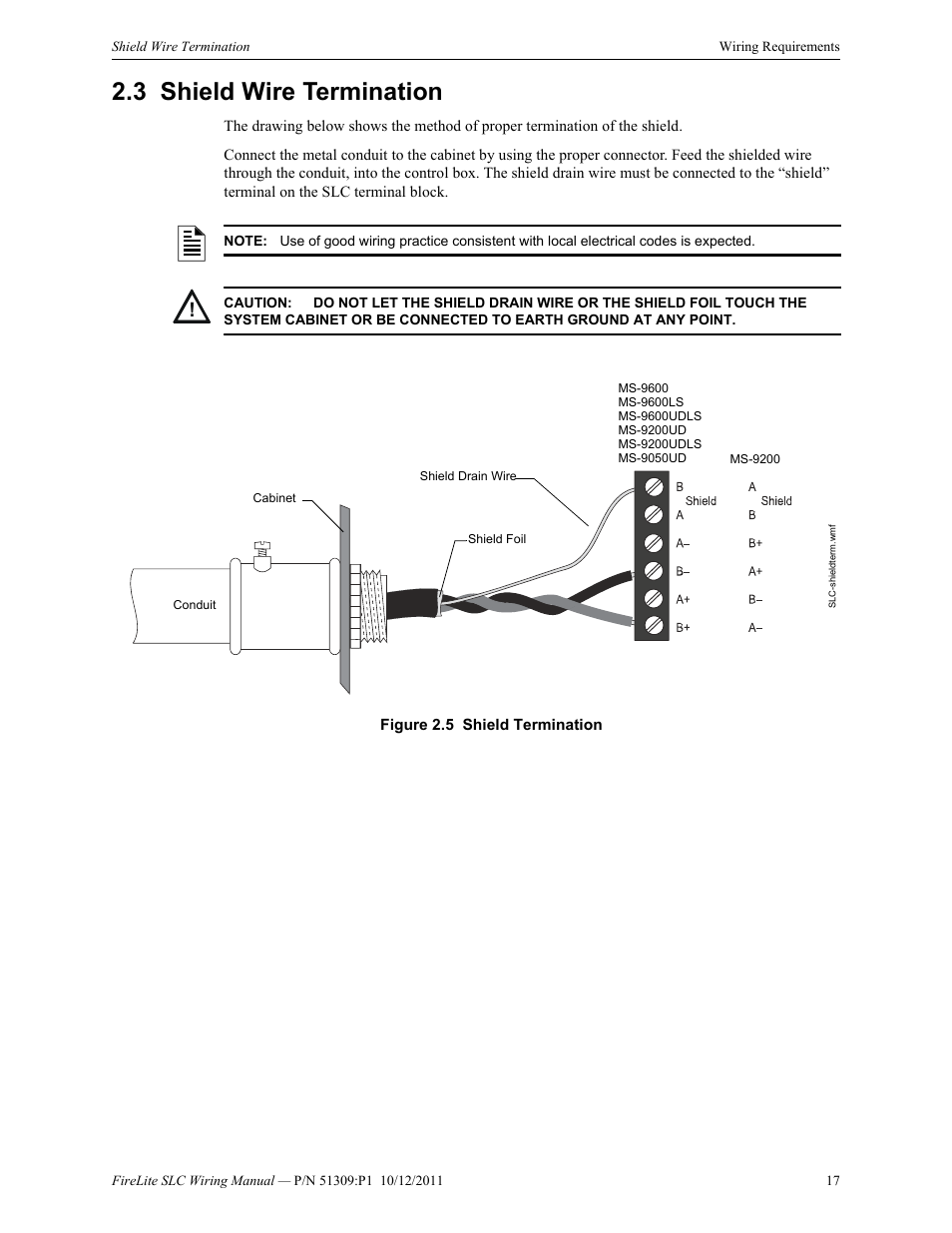 3 shield wire termination, Shield wire termination | Fire-Lite SLC Intelligent Control Panel Wiring Manual User Manual | Page 17 / 80