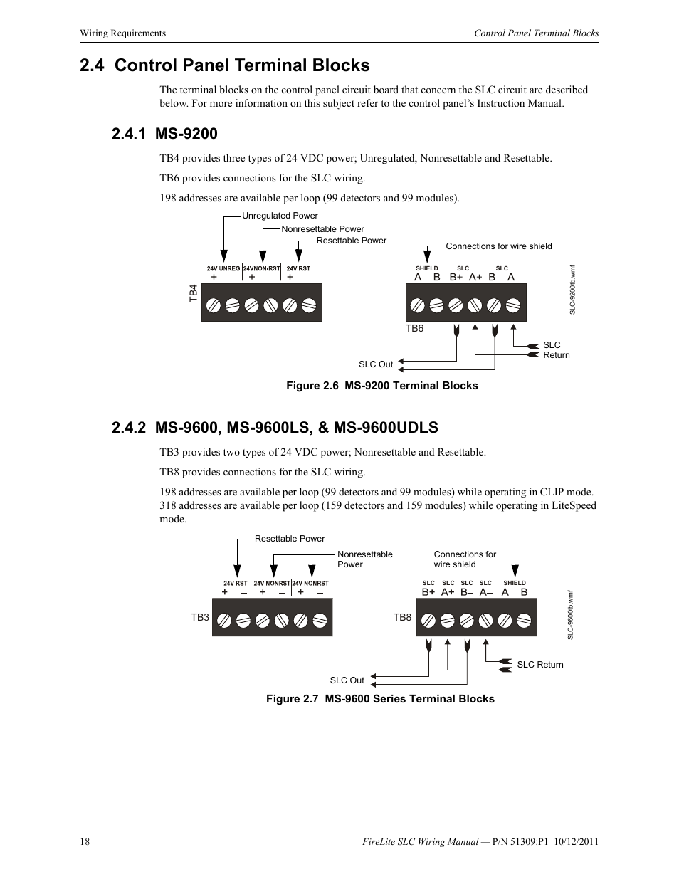 4 control panel terminal blocks, 1 ms-9200, 2 ms-9600, ms-9600ls, & ms-9600udls | Control panel terminal blocks, Ms-9200 2.4.2: ms-9600, ms-9600ls, & ms-9600udls | Fire-Lite SLC Intelligent Control Panel Wiring Manual User Manual | Page 18 / 80