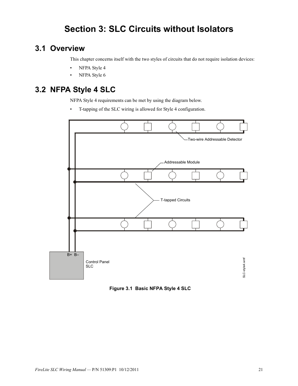 Section 3: slc circuits without isolators, 1 overview, 2 nfpa style 4 slc | Overview 3.2: nfpa style 4 slc | Fire-Lite SLC Intelligent Control Panel Wiring Manual User Manual | Page 21 / 80