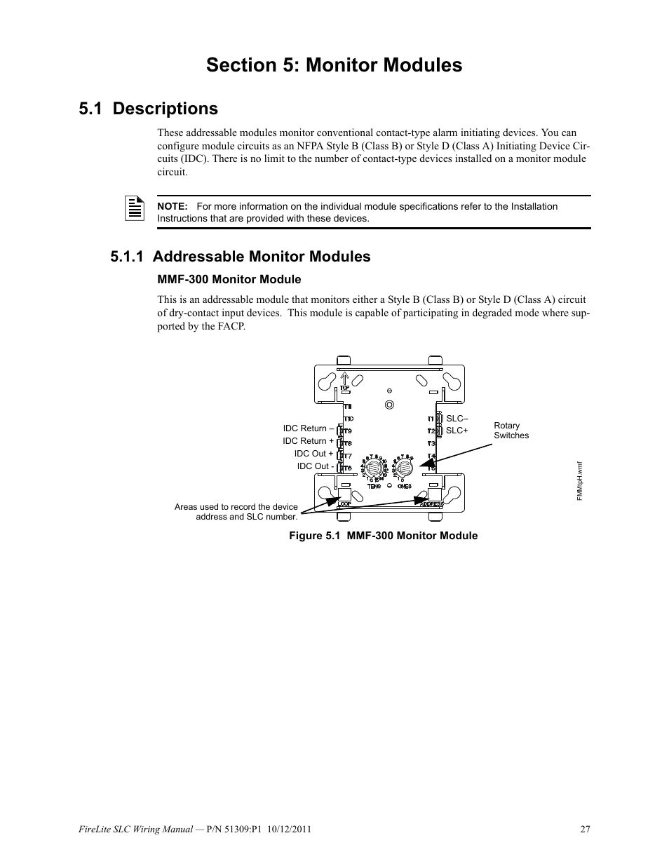 Section 5: monitor modules, 1 descriptions, 1 addressable monitor modules | Mmf-300 monitor module, Descriptions, Addressable monitor modules | Fire-Lite SLC Intelligent Control Panel Wiring Manual User Manual | Page 27 / 80