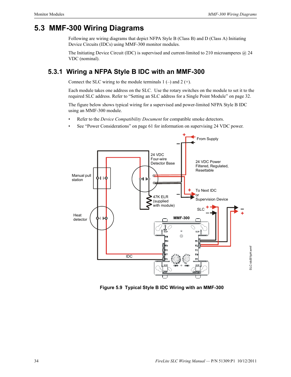 3 mmf-300 wiring diagrams, 1 wiring a nfpa style b idc with an mmf-300, Mmf-300 wiring diagrams | Wiring a nfpa style b idc with an mmf-300 | Fire-Lite SLC Intelligent Control Panel Wiring Manual User Manual | Page 34 / 80