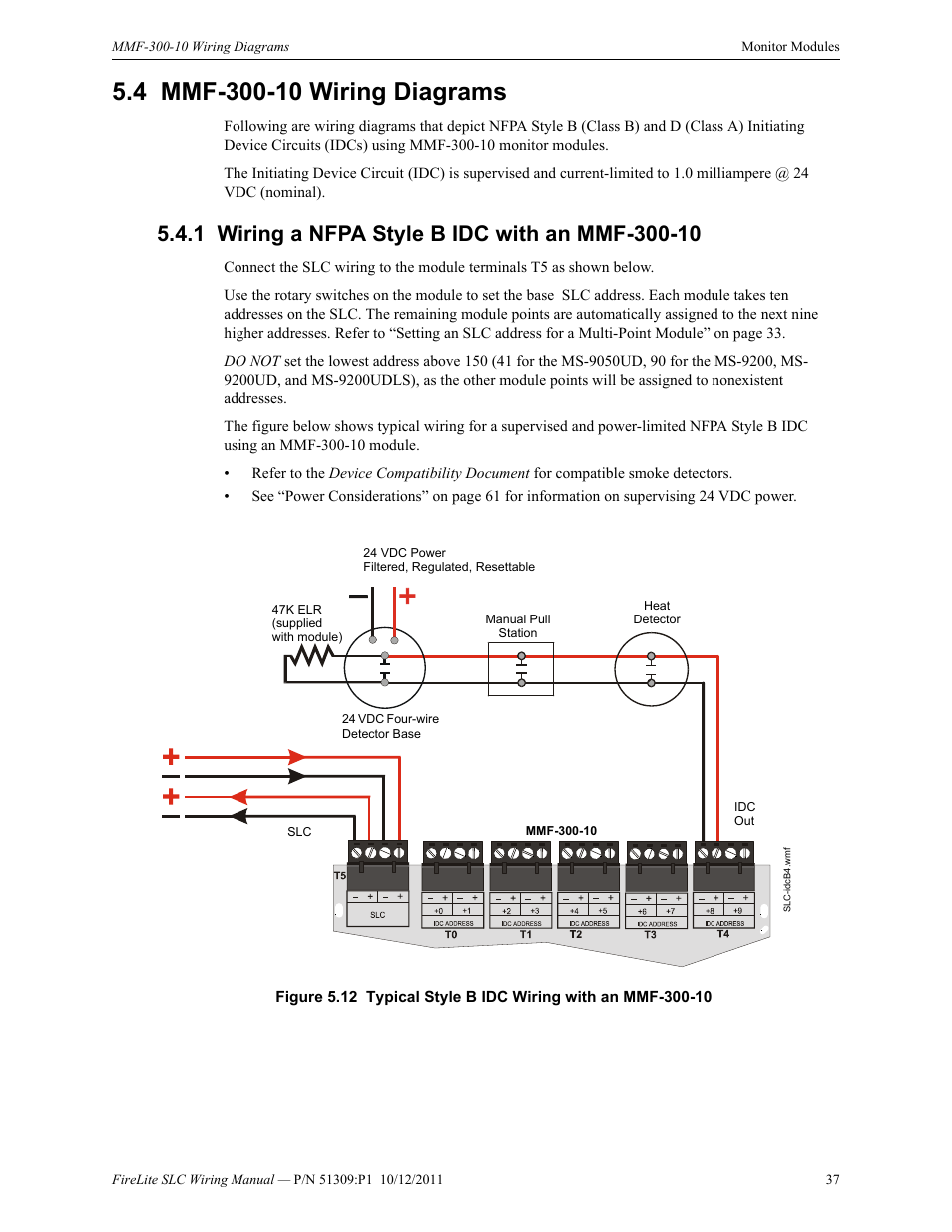 4 mmf-300-10 wiring diagrams, 1 wiring a nfpa style b idc with an mmf-300-10, Mmf-300-10 wiring diagrams | Wiring a nfpa style b idc with an mmf-300-10 | Fire-Lite SLC Intelligent Control Panel Wiring Manual User Manual | Page 37 / 80