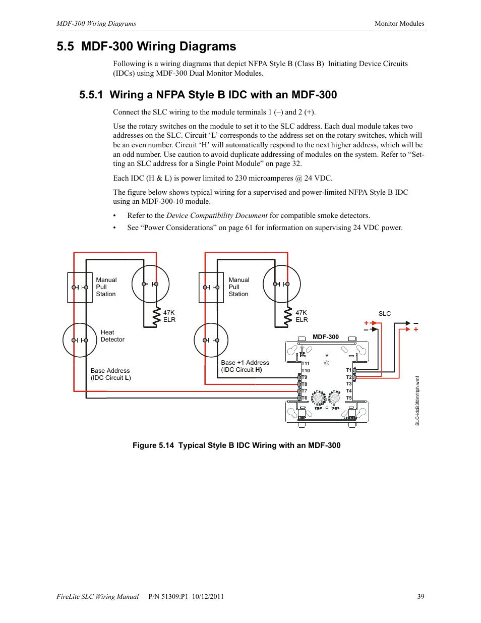 5 mdf-300 wiring diagrams, 1 wiring a nfpa style b idc with an mdf-300, Mdf-300 wiring diagrams | Wiring a nfpa style b idc with an mdf-300 | Fire-Lite SLC Intelligent Control Panel Wiring Manual User Manual | Page 39 / 80