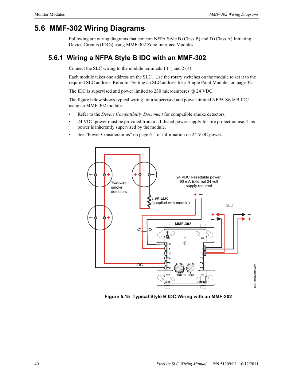 6 mmf-302 wiring diagrams, 1 wiring a nfpa style b idc with an mmf-302, Mmf-302 wiring diagrams | Wiring a nfpa style b idc with an mmf-302 | Fire-Lite SLC Intelligent Control Panel Wiring Manual User Manual | Page 40 / 80