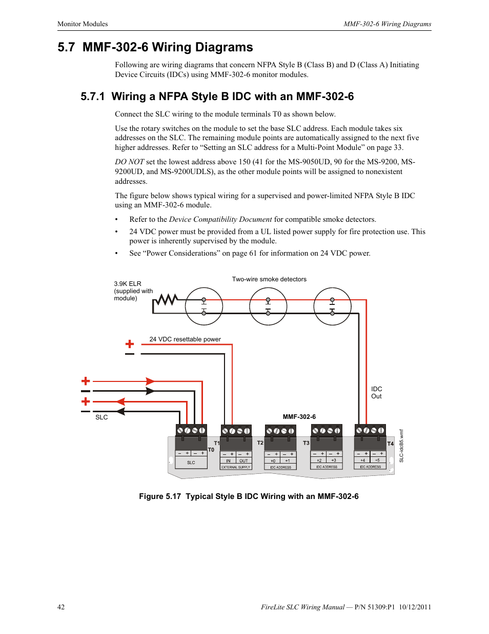 7 mmf-302-6 wiring diagrams, 1 wiring a nfpa style b idc with an mmf-302-6, Mmf-302-6 wiring diagrams | Wiring a nfpa style b idc with an mmf-302-6 | Fire-Lite SLC Intelligent Control Panel Wiring Manual User Manual | Page 42 / 80