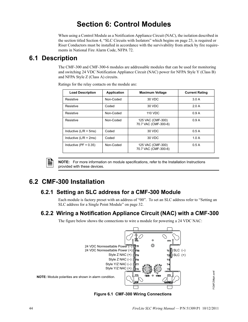 Section 6: control modules, 1 description, 2 cmf-300 installation | 1 setting an slc address for a cmf-300 module, Description 6.2: cmf-300 installation | Fire-Lite SLC Intelligent Control Panel Wiring Manual User Manual | Page 44 / 80