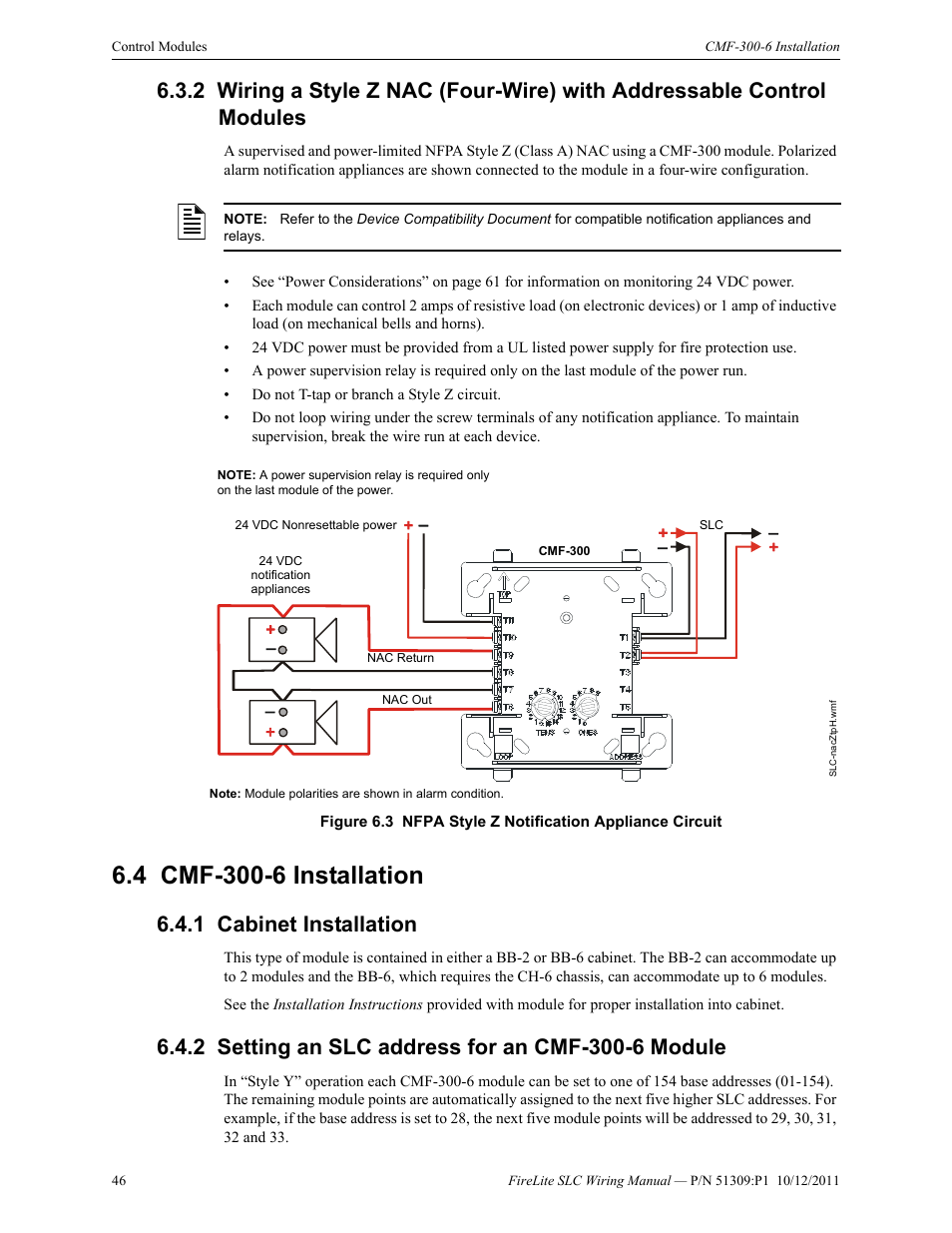 4 cmf-300-6 installation, 1 cabinet installation, 2 setting an slc address for an cmf-300-6 module | Cmf-300-6 installation | Fire-Lite SLC Intelligent Control Panel Wiring Manual User Manual | Page 46 / 80