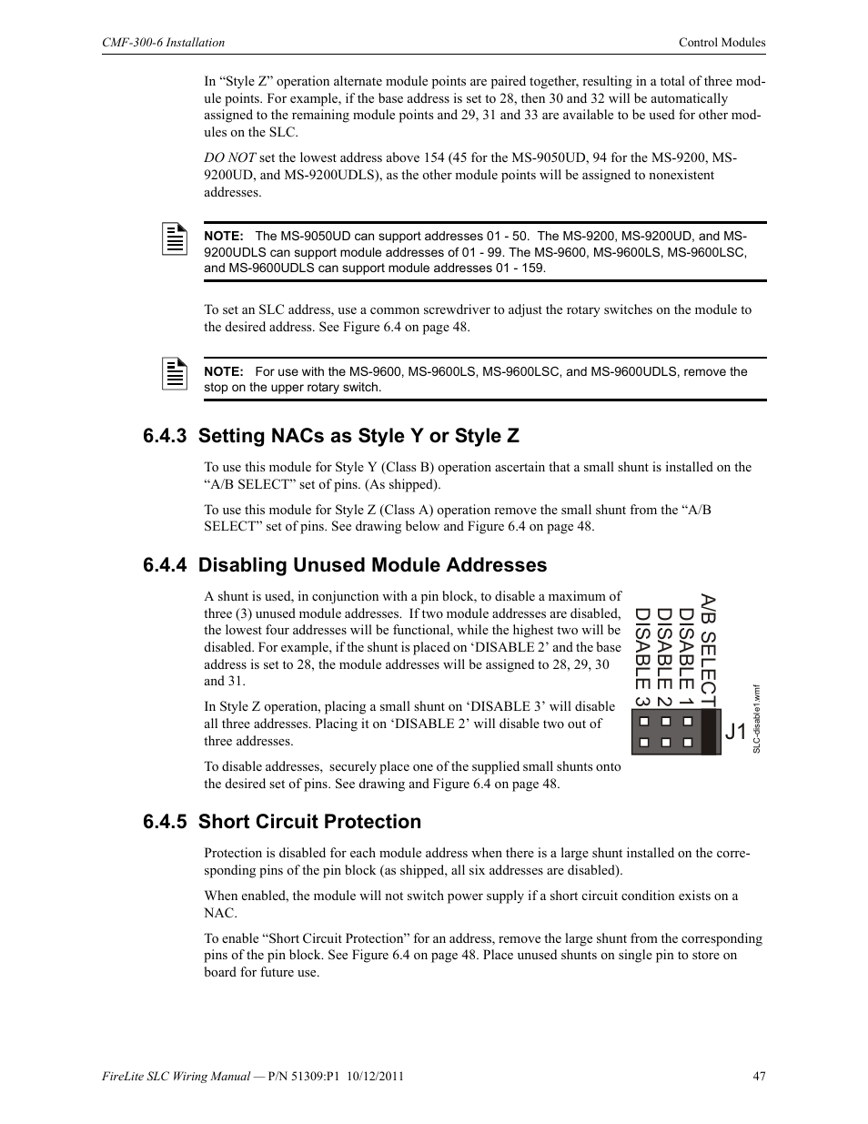 3 setting nacs as style y or style z, 4 disabling unused module addresses, 5 short circuit protection | A/b select disable 1 disable 2 disable 3 | Fire-Lite SLC Intelligent Control Panel Wiring Manual User Manual | Page 47 / 80