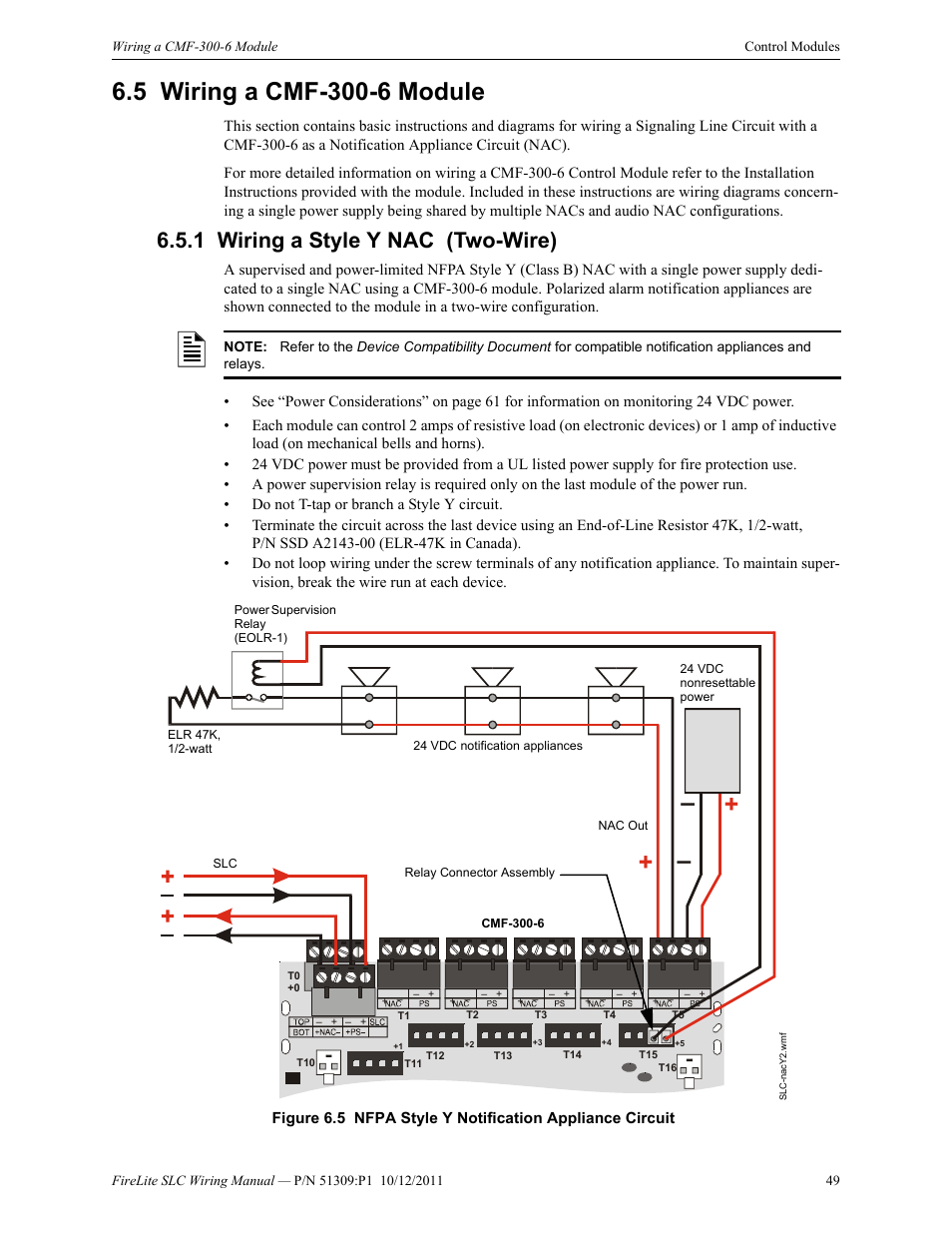 5 wiring a cmf-300-6 module, 1 wiring a style y nac (two-wire), Wiring a cmf-300-6 module | Wiring a style y nac (two-wire) | Fire-Lite SLC Intelligent Control Panel Wiring Manual User Manual | Page 49 / 80