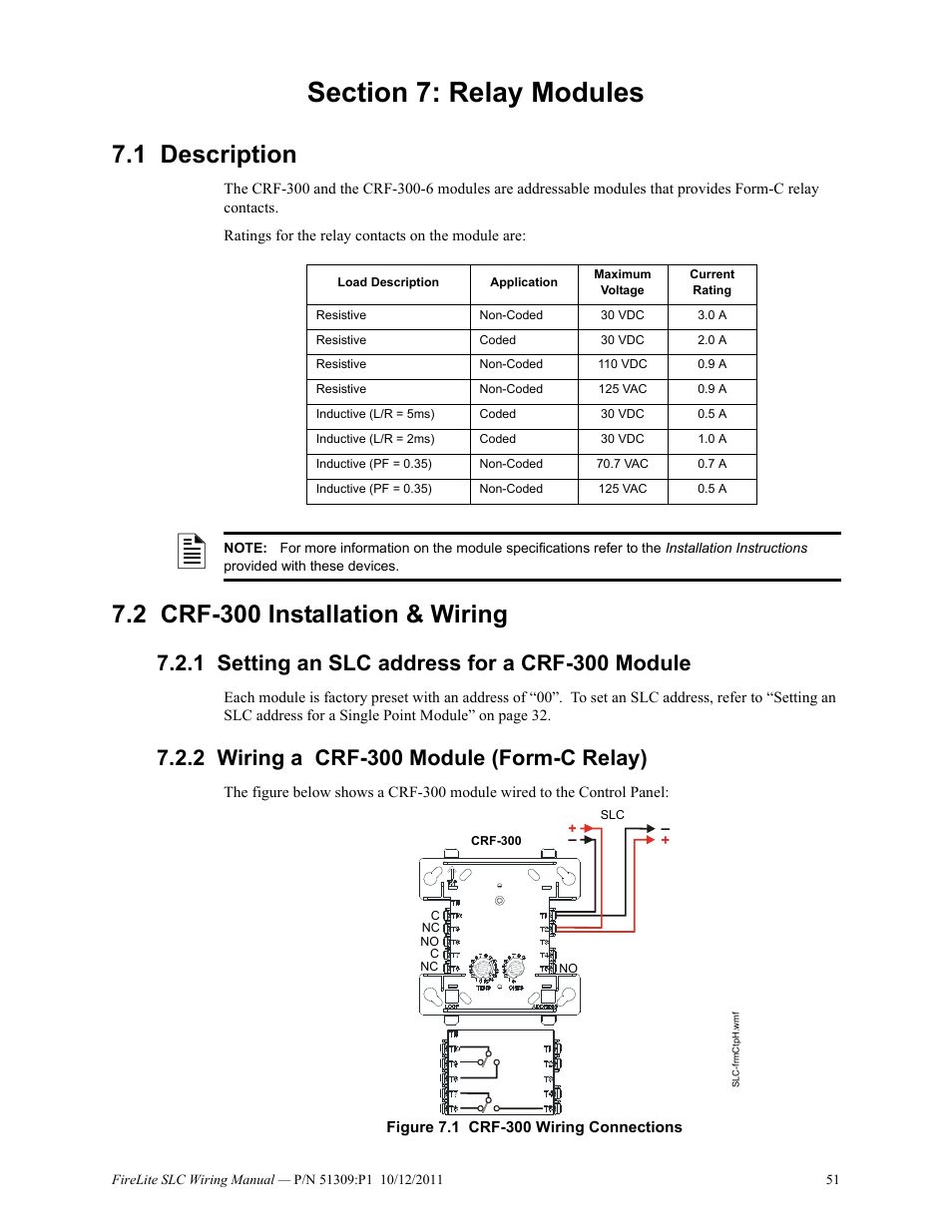 Section 7: relay modules, 1 description, 2 crf-300 installation & wiring | 1 setting an slc address for a crf-300 module, 2 wiring a crf-300 module (form-c relay), Description 7.2: crf-300 installation & wiring | Fire-Lite SLC Intelligent Control Panel Wiring Manual User Manual | Page 51 / 80