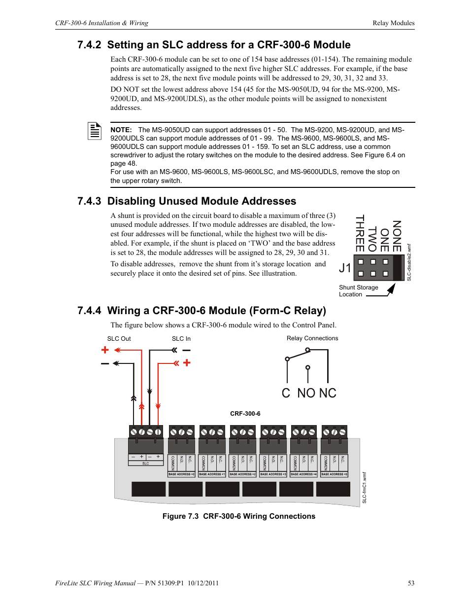 2 setting an slc address for a crf-300-6 module, 3 disabling unused module addresses, 4 wiring a crf-300-6 module (form-c relay) | Fire-Lite SLC Intelligent Control Panel Wiring Manual User Manual | Page 53 / 80