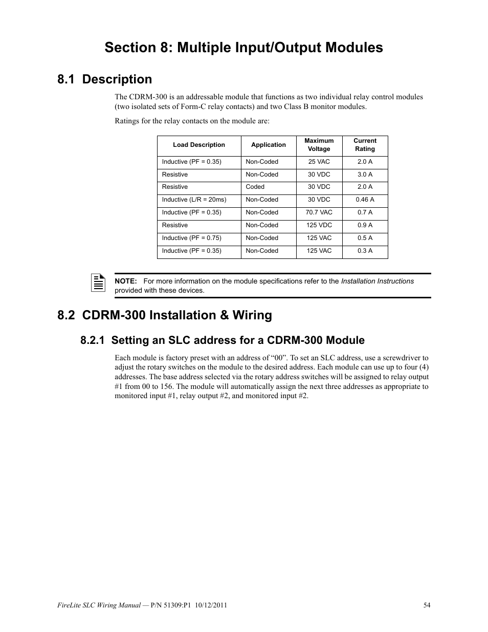 Section 8: multiple input/output modules, 1 description, 2 cdrm-300 installation & wiring | 1 setting an slc address for a cdrm-300 module, Description 8.2: cdrm-300 installation & wiring, Setting an slc address for a cdrm-300 module | Fire-Lite SLC Intelligent Control Panel Wiring Manual User Manual | Page 54 / 80