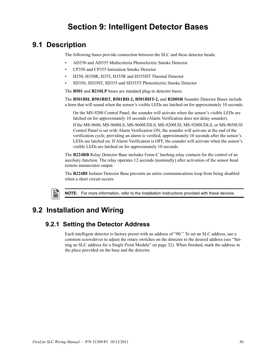 Section 9: intelligent detector bases, 1 description, 2 installation and wiring | 1 setting the detector address, Description 9.2: installation and wiring, Setting the detector address | Fire-Lite SLC Intelligent Control Panel Wiring Manual User Manual | Page 56 / 80
