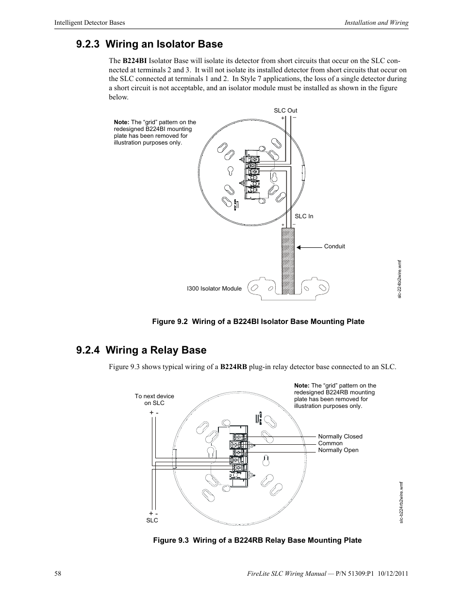 3 wiring an isolator base, 4 wiring a relay base, Wiring an isolator base 9.2.4: wiring a relay base | Fire-Lite SLC Intelligent Control Panel Wiring Manual User Manual | Page 58 / 80