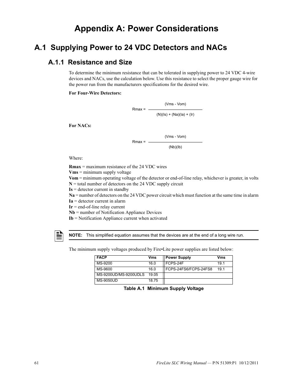 Appendix a: power considerations, A.1 supplying power to 24 vdc detectors and nacs, A.1.1 resistance and size | A.1: supplying power to 24 vdc detectors and nacs, A.1.1: resistance and size | Fire-Lite SLC Intelligent Control Panel Wiring Manual User Manual | Page 61 / 80