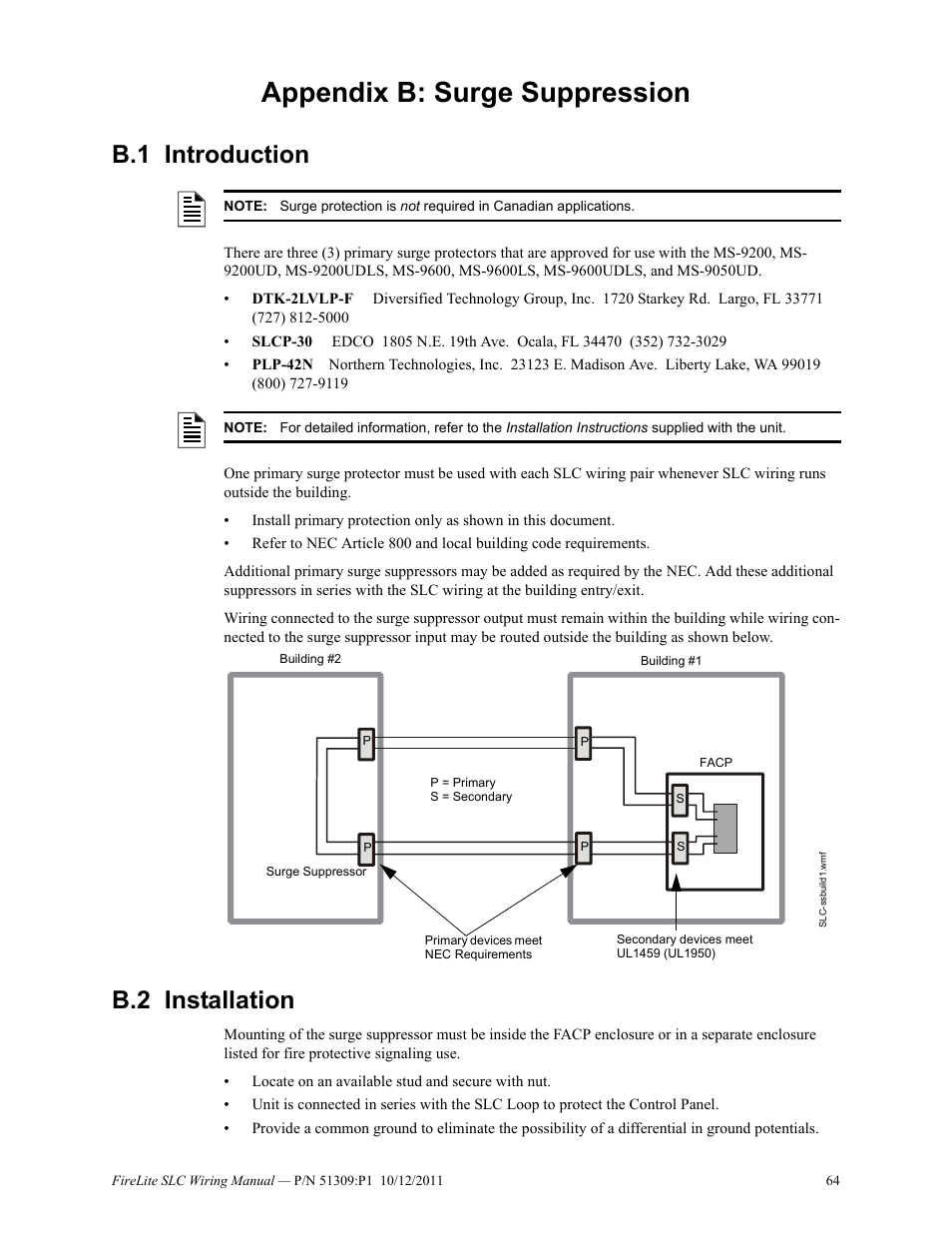 Appendix b: surge suppression, B.1 introduction, B.2 installation | B.1: introduction b.2: installation | Fire-Lite SLC Intelligent Control Panel Wiring Manual User Manual | Page 64 / 80