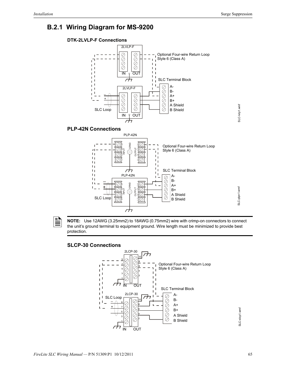 B.2.1 wiring diagram for ms-9200, Dtk-2lvlp-f connections, Plp-42n connections | Slcp-30 connections, B.2.1: wiring diagram for ms-9200, Plp-42n connections slcp-30 connections | Fire-Lite SLC Intelligent Control Panel Wiring Manual User Manual | Page 65 / 80