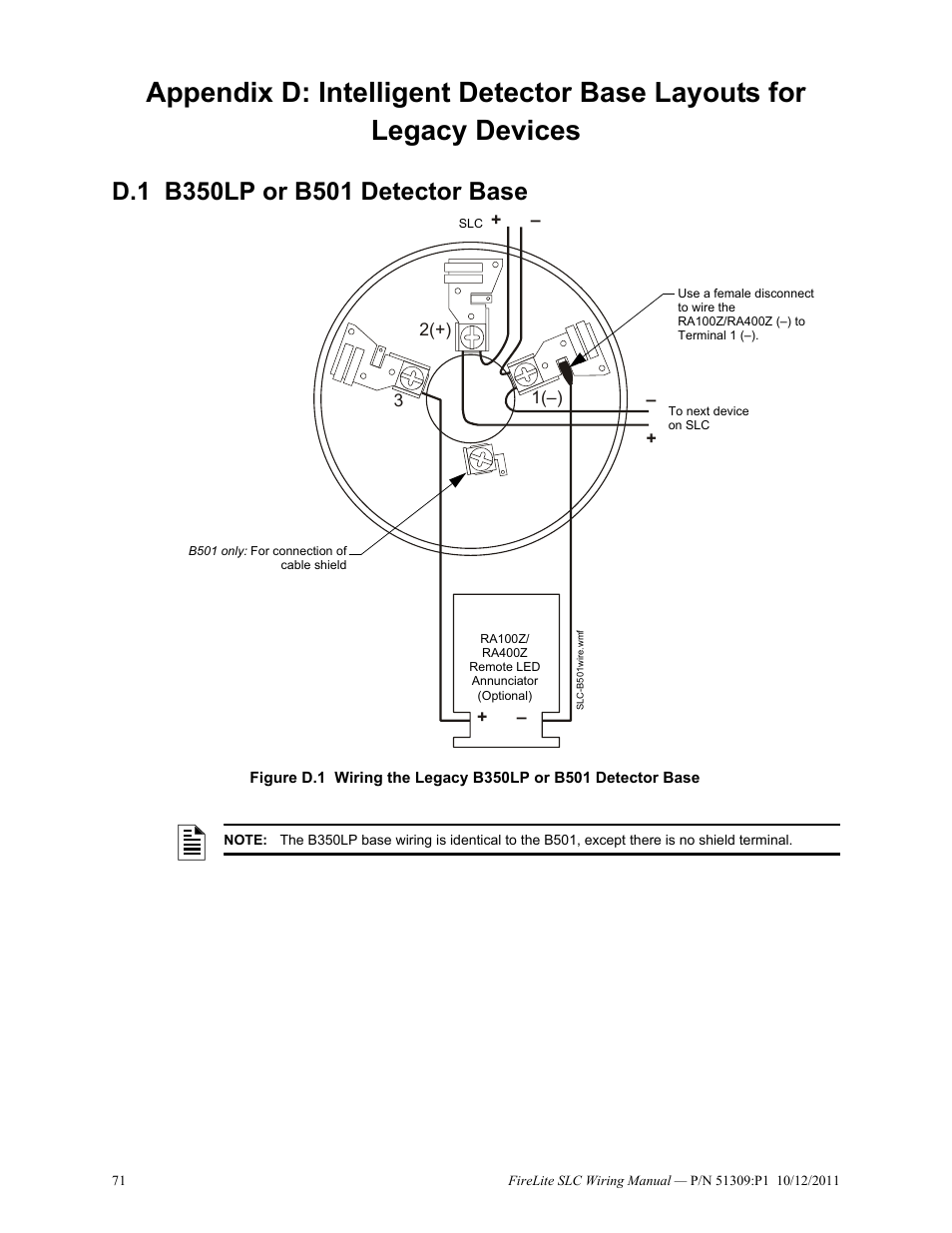 D.1 b350lp or b501 detector base, D.1: b350lp or b501 detector base | Fire-Lite SLC Intelligent Control Panel Wiring Manual User Manual | Page 71 / 80