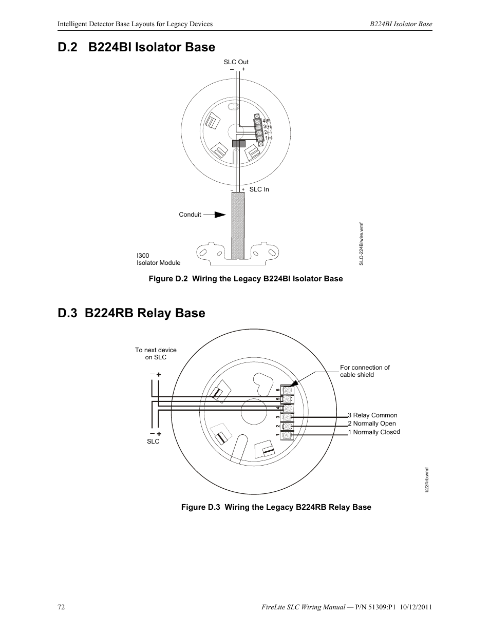 D.2 b224bi isolator base, D.3 b224rb relay base, D.2: b224bi isolator base d.3: b224rb relay base | Figure d.2 wiring the legacy b224bi isolator base, Figure d.3 wiring the legacy b224rb relay base | Fire-Lite SLC Intelligent Control Panel Wiring Manual User Manual | Page 72 / 80