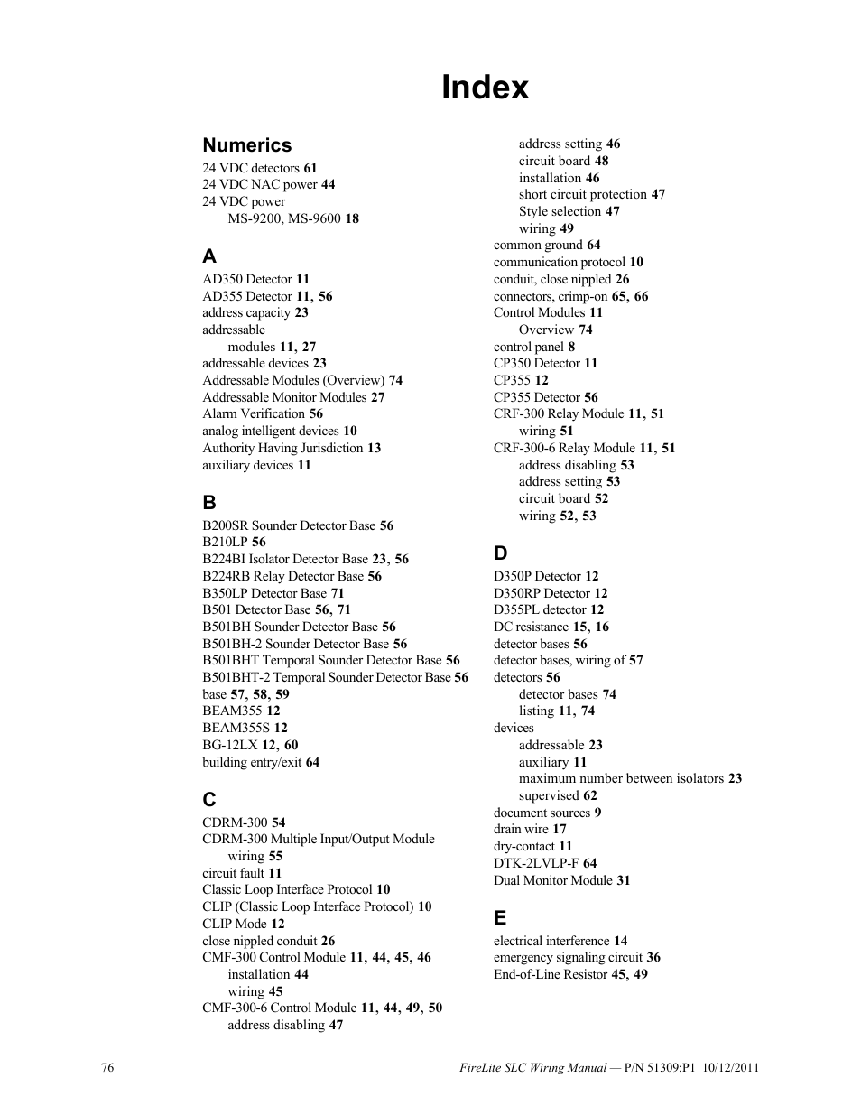 Index, Numerics | Fire-Lite SLC Intelligent Control Panel Wiring Manual User Manual | Page 76 / 80