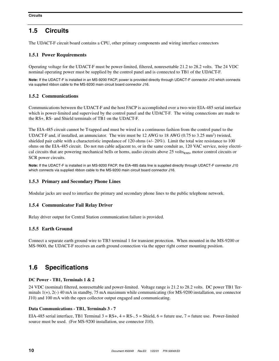 5 circuits, 6 specifications | Fire-Lite UDACT-F Universal Digital Alarm Communicator Transmitter User Manual | Page 10 / 68