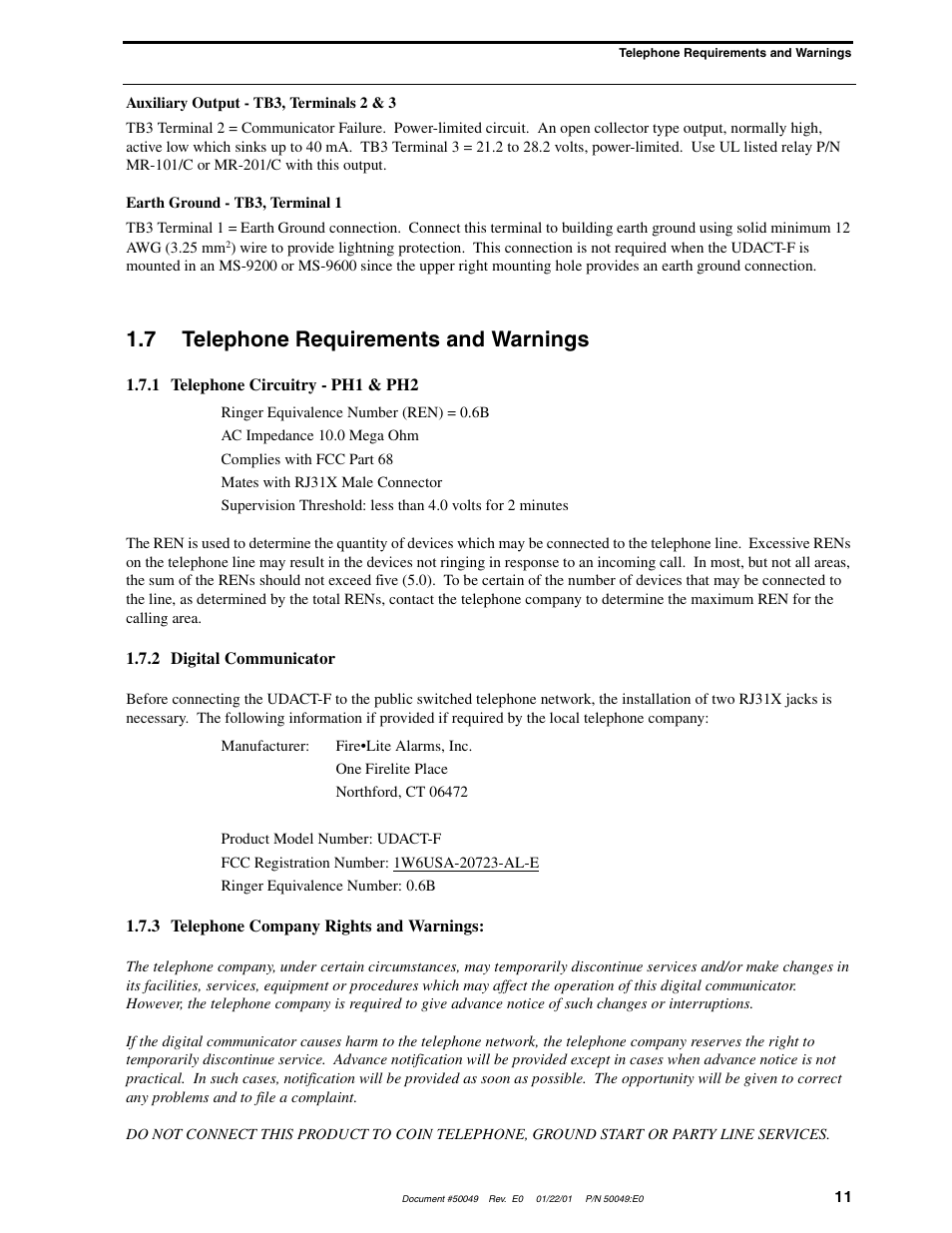 7 telephone requirements and warnings | Fire-Lite UDACT-F Universal Digital Alarm Communicator Transmitter User Manual | Page 11 / 68