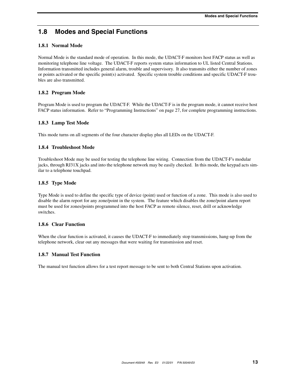 8 modes and special functions | Fire-Lite UDACT-F Universal Digital Alarm Communicator Transmitter User Manual | Page 13 / 68