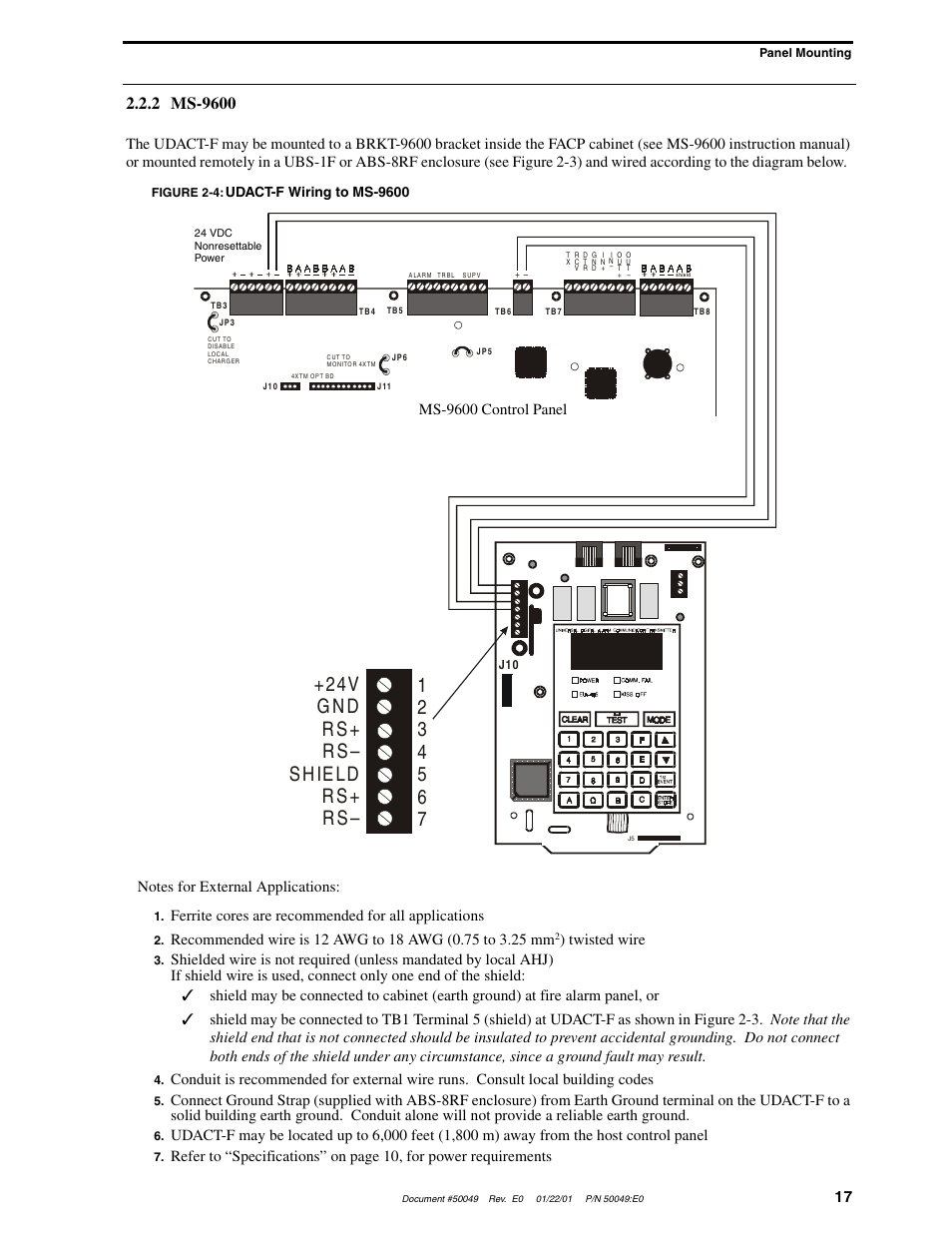 Ferrite cores are recommended for all applications, Twisted wire, Ms-9600 control panel | Fire-Lite UDACT-F Universal Digital Alarm Communicator Transmitter User Manual | Page 17 / 68