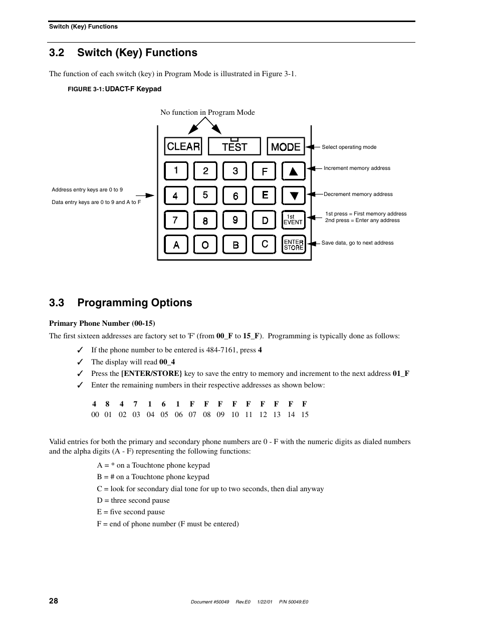 2 switch (key) functions, 3 programming options | Fire-Lite UDACT-F Universal Digital Alarm Communicator Transmitter User Manual | Page 28 / 68