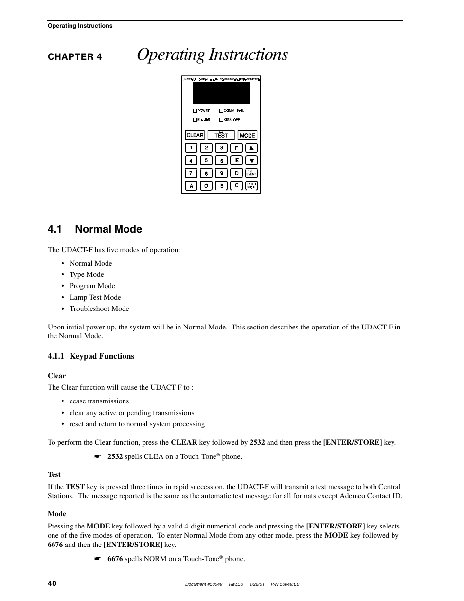 Operating instructions, 1 normal mode | Fire-Lite UDACT-F Universal Digital Alarm Communicator Transmitter User Manual | Page 40 / 68