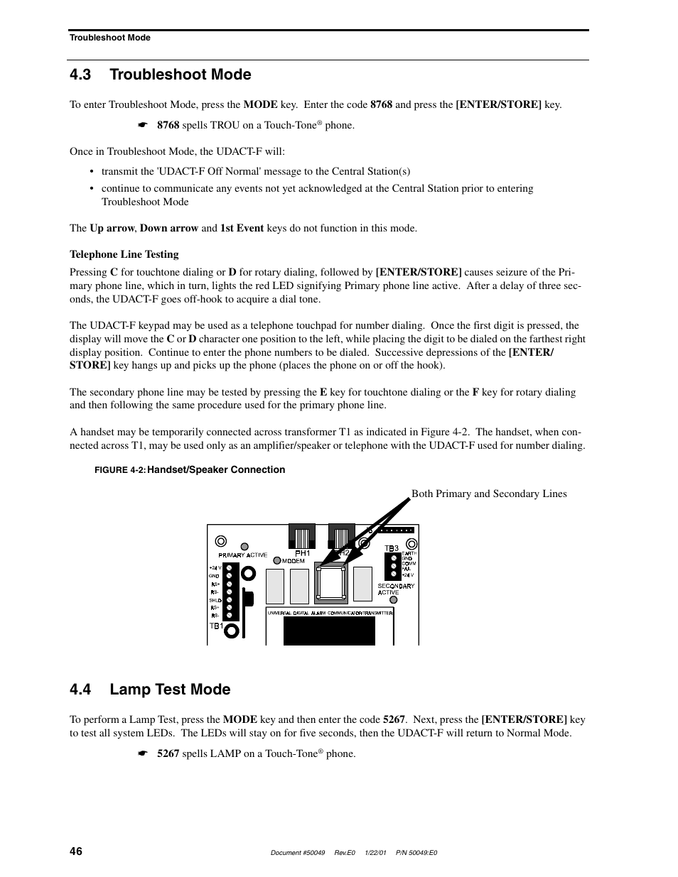 3 troubleshoot mode, 4 lamp test mode | Fire-Lite UDACT-F Universal Digital Alarm Communicator Transmitter User Manual | Page 46 / 68