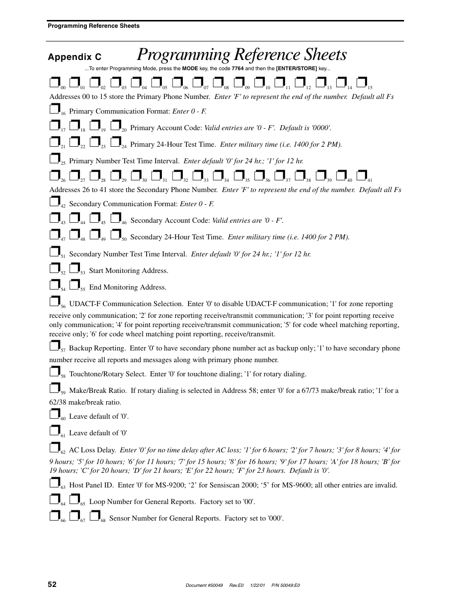 Programming reference sheets | Fire-Lite UDACT-F Universal Digital Alarm Communicator Transmitter User Manual | Page 52 / 68