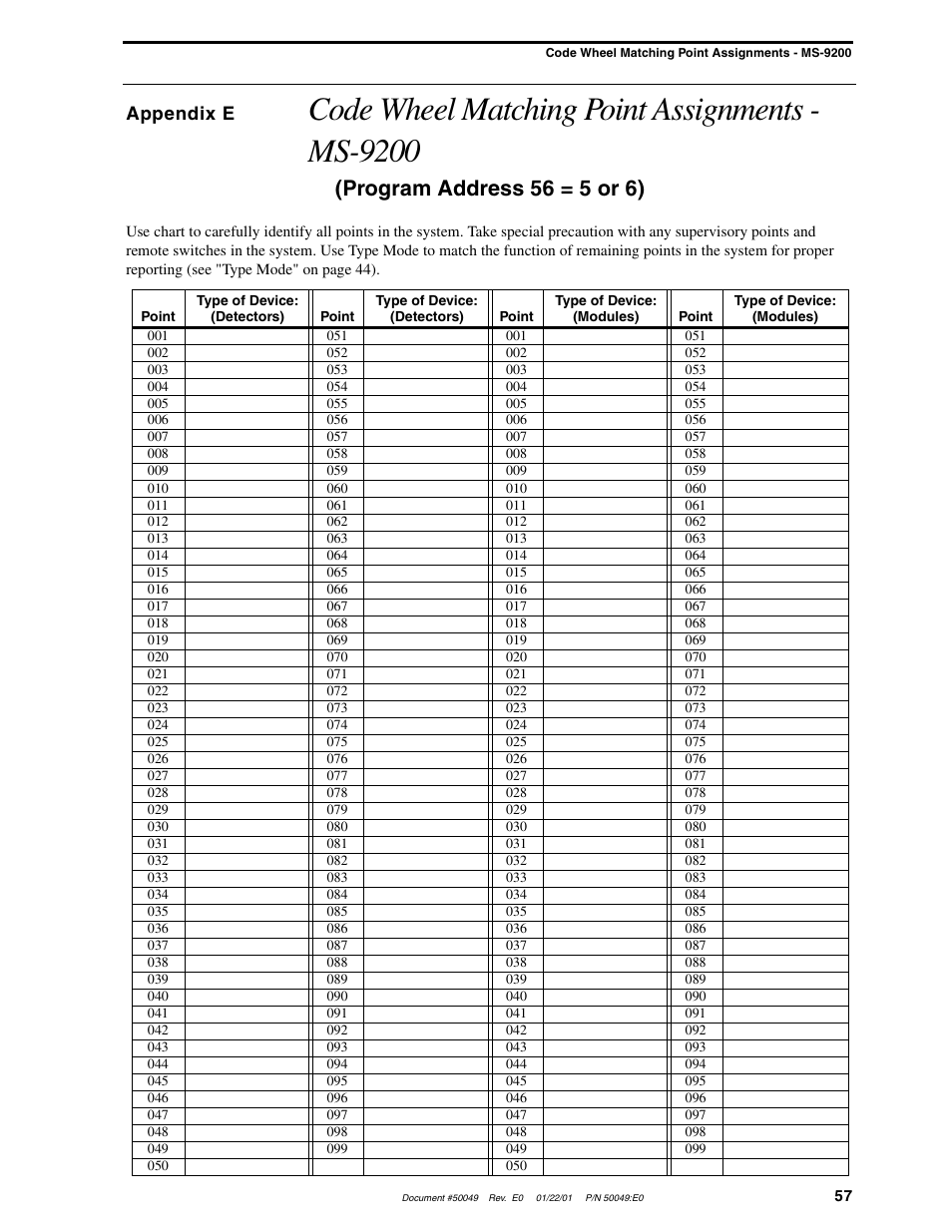 Code wheel matching point assignments - ms-9200, Program address 56 = 5 or 6), Appendix e | Fire-Lite UDACT-F Universal Digital Alarm Communicator Transmitter User Manual | Page 57 / 68