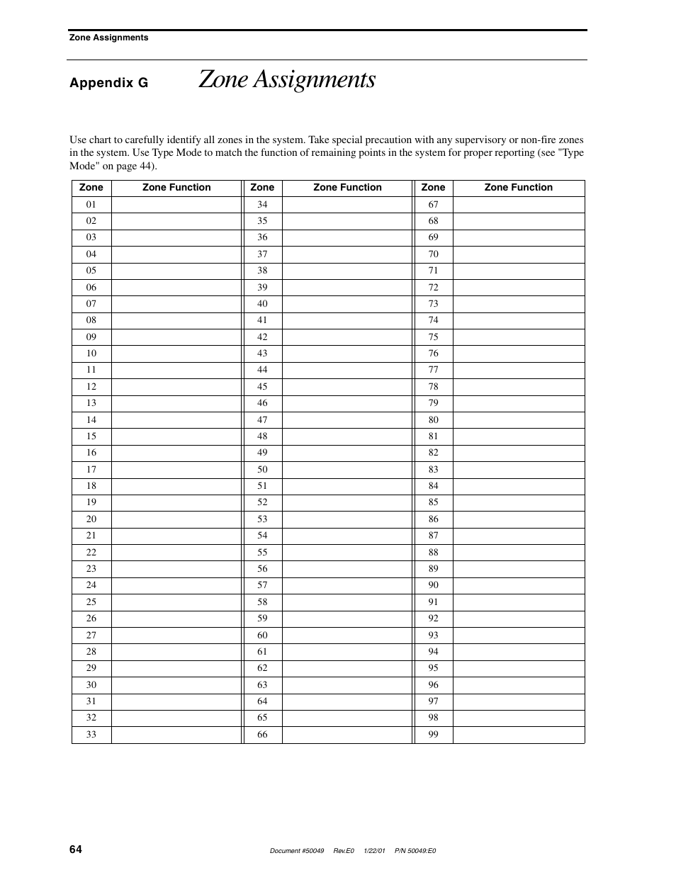 Zone assignments, Appendix g | Fire-Lite UDACT-F Universal Digital Alarm Communicator Transmitter User Manual | Page 64 / 68