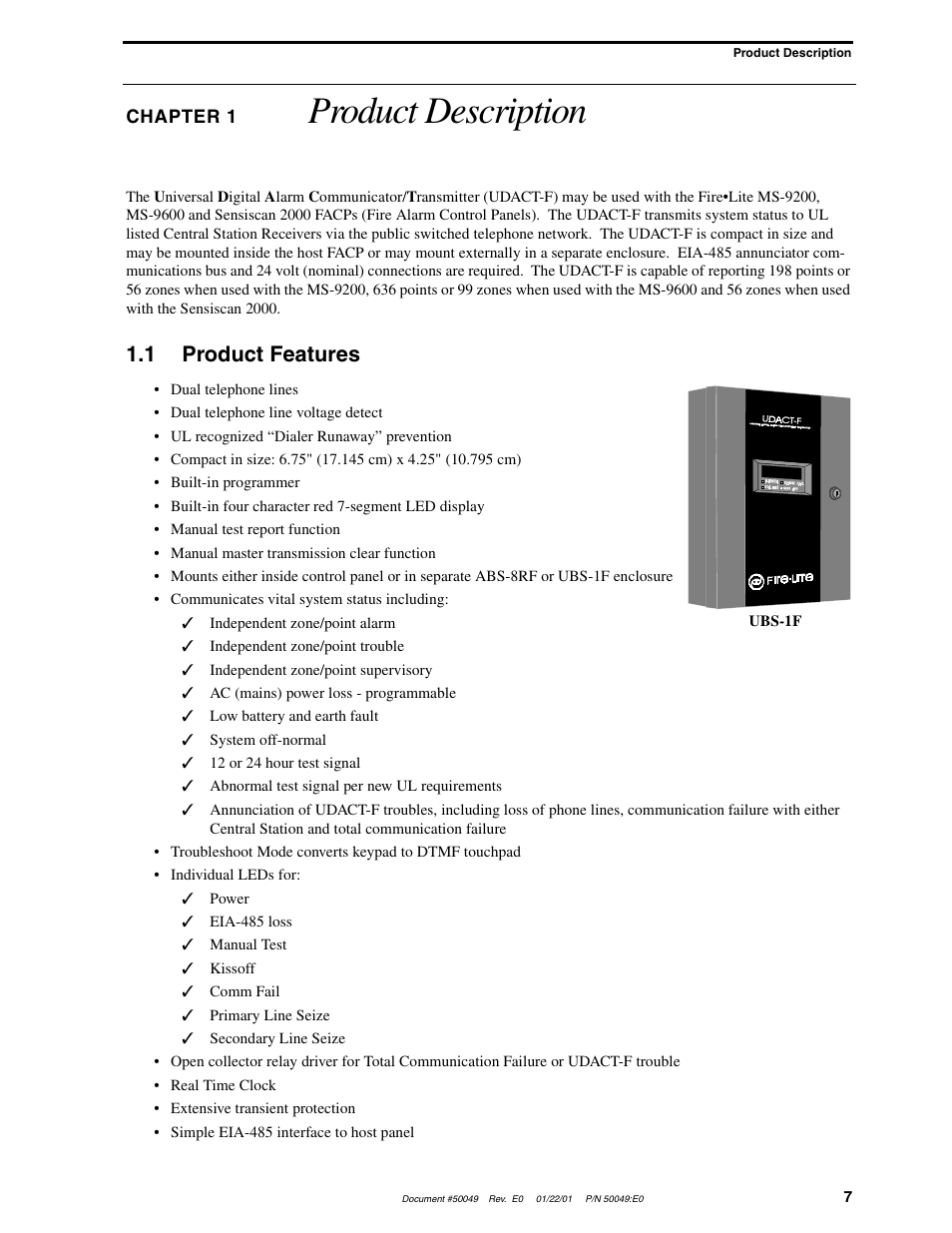 Product description, 1 product features | Fire-Lite UDACT-F Universal Digital Alarm Communicator Transmitter User Manual | Page 7 / 68