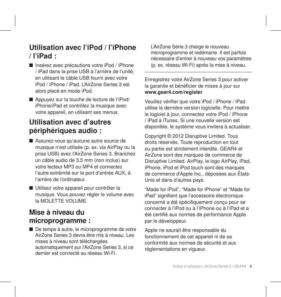 Utilisation avec l’ipod / l’iphone / l’ipad, Utilisation avec d’autres périphériques audio, Mise à niveau du microprogramme | GEAR4 AirZone Series 3 User Manual | Page 12 / 66