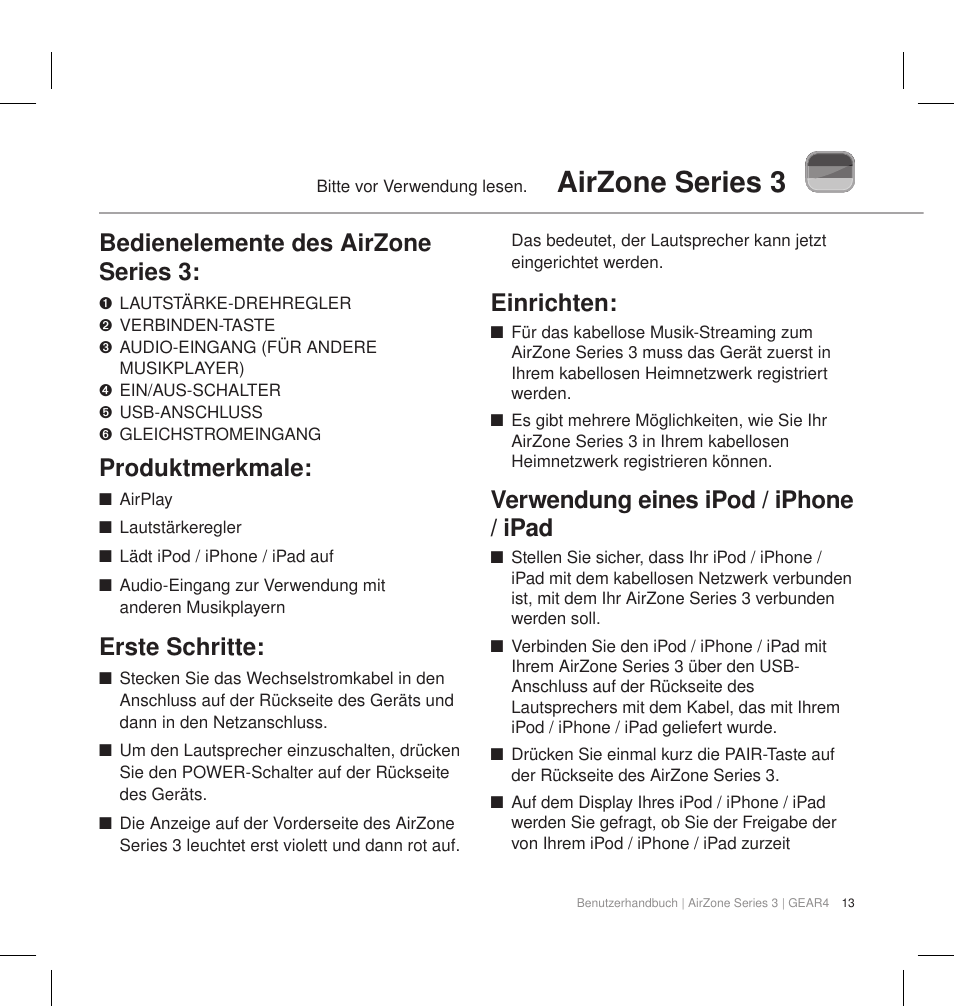 Airzone series 3, Bedienelemente des airzone series 3, Produktmerkmale | Erste schritte, Einrichten, Verwendung eines ipod / iphone / ipad | GEAR4 AirZone Series 3 User Manual | Page 16 / 66