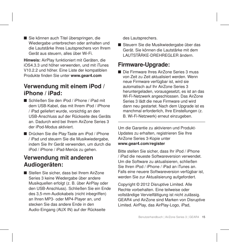 Verwendung mit einem ipod / iphone / ipad, Verwendung mit anderen audiogeräten, Firmware-upgrade | GEAR4 AirZone Series 3 User Manual | Page 18 / 66