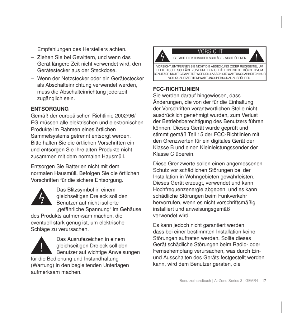 Vorsicht | GEAR4 AirZone Series 3 User Manual | Page 20 / 66