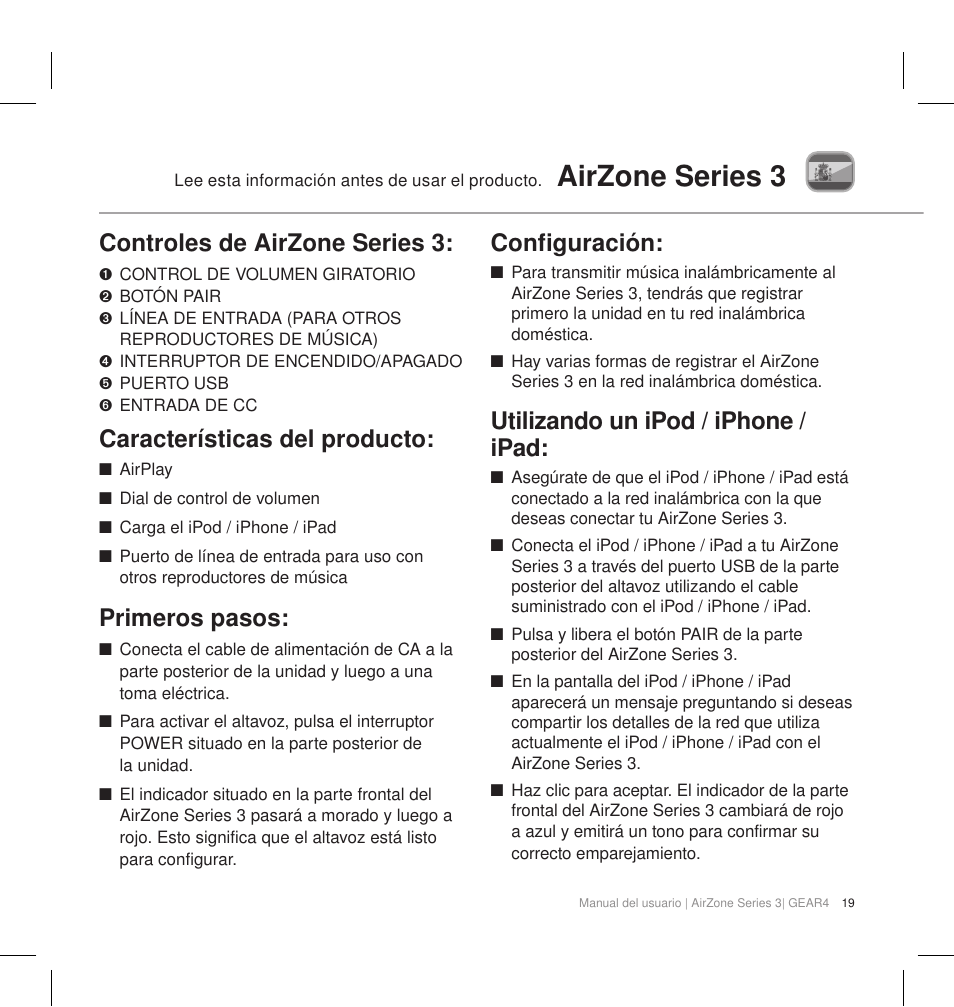 Airzone series 3, Controles de airzone series 3, Características del producto | Primeros pasos, Configuración, Utilizando un ipod / iphone / ipad | GEAR4 AirZone Series 3 User Manual | Page 22 / 66