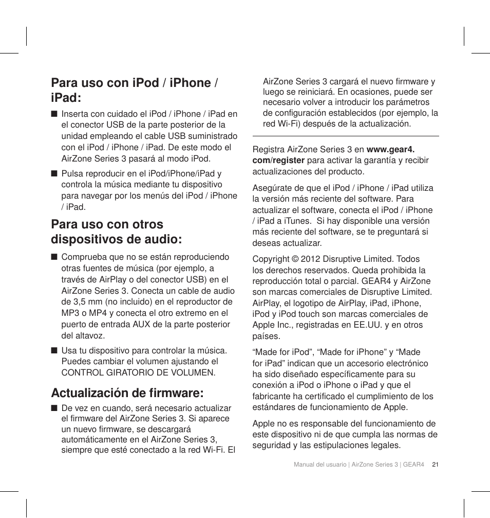 Para uso con ipod / iphone / ipad, Para uso con otros dispositivos de audio, Actualización de firmware | GEAR4 AirZone Series 3 User Manual | Page 24 / 66