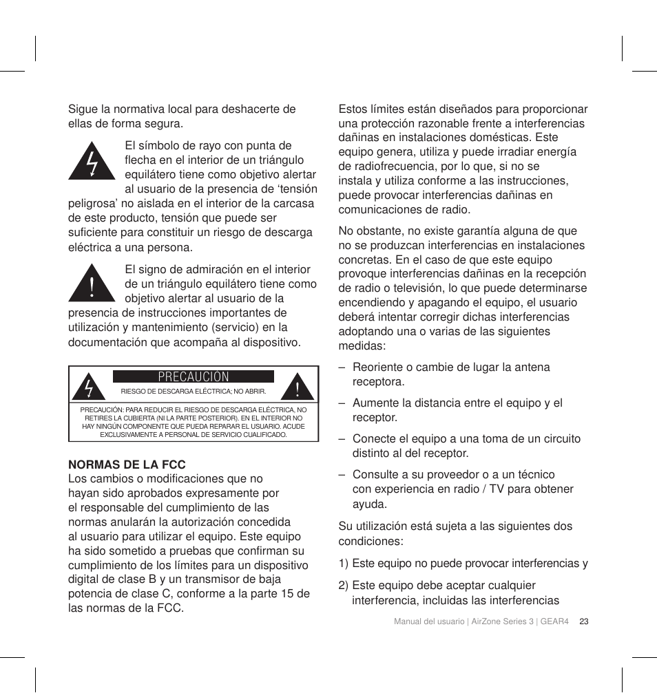 Precaución | GEAR4 AirZone Series 3 User Manual | Page 26 / 66